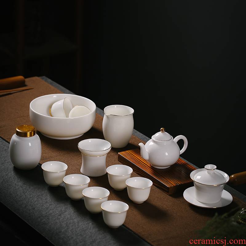 Porcelain heng tong tea set suit household contracted suet jade teapot teacup of a complete set of dehua white Porcelain paint by hand kung fu
