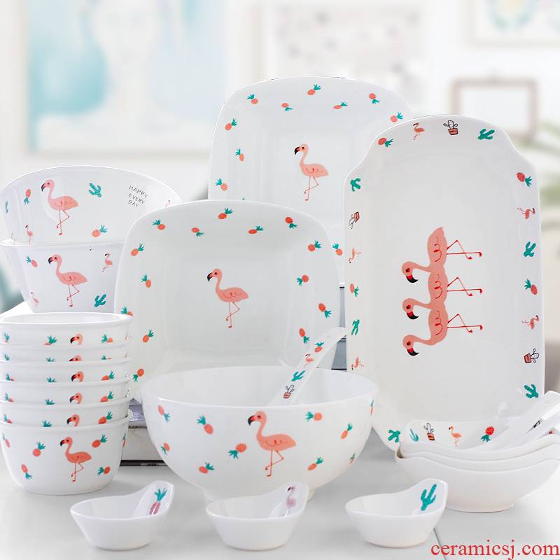 Flamingos series of household bowls plates 25 head housewarming gift wedding gift ipads China tableware suit