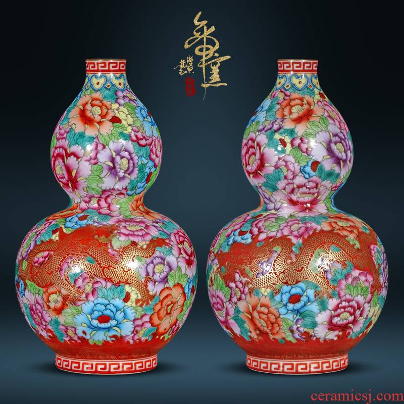 Jingdezhen ceramics antique hand - made paint dragon wear purple flower bottle gourd Chinese style living room porch TV ark, furnishing articles