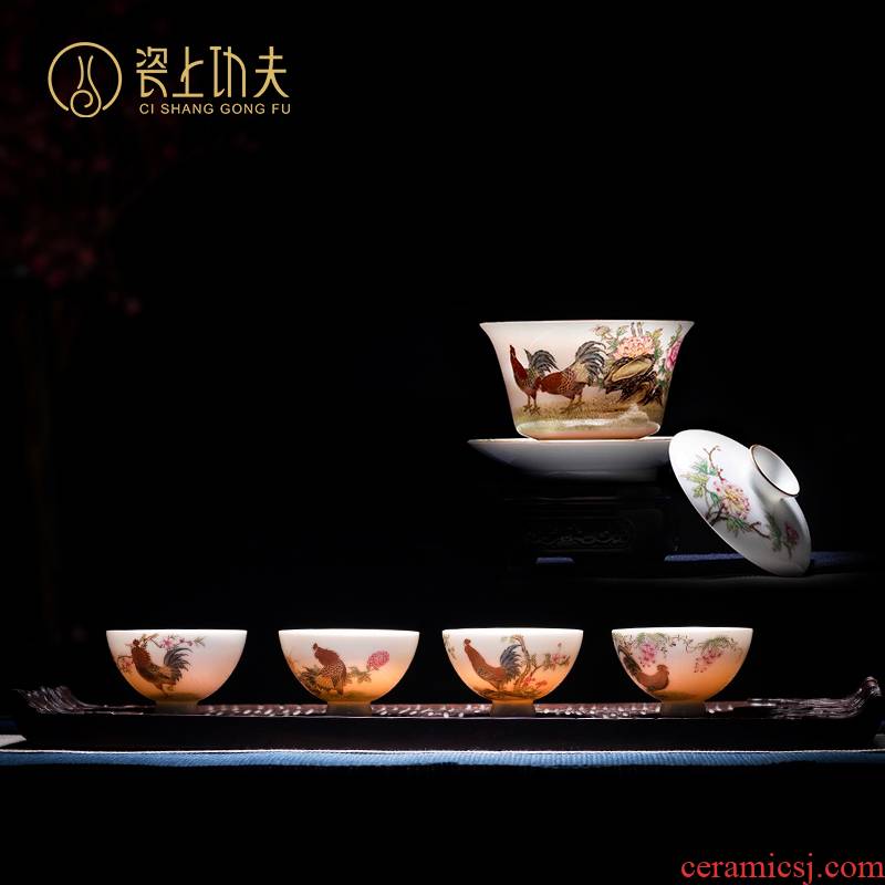 Jingdezhen kung fu tea set of ceramic painting only three tureen colored enamel painting golden complete set of tea cups