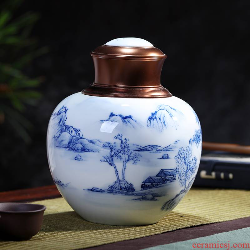 Manual of jingdezhen blue and white porcelain tea pot portable storage POTS sealed as cans of large household put tea POTS