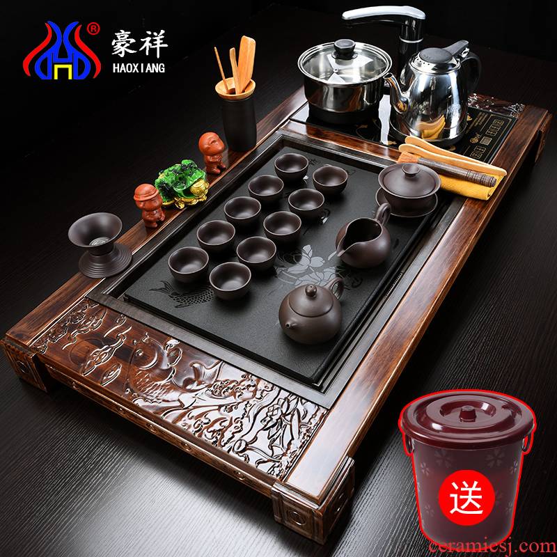 Howe auspicious tea set home violet arenaceous kung fu tea set ceramic cups electric magnetic furnace contracted tea table solid wood tea tray