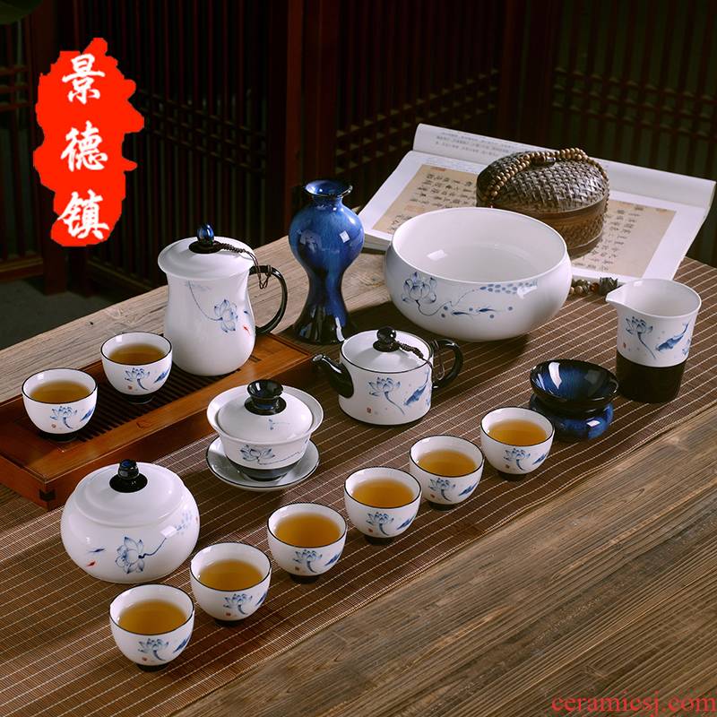 Jingdezhen hand - made kung fu tea set office of a complete set of ceramic up household tureen carp the teapot teacup