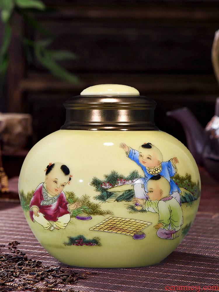Let 's have fun on yellow background figure with cover caddy fixings alloy cover jingdezhen ceramic POTS, moisture - proof seal storage tank tea