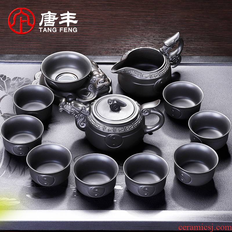 Tang Feng violet arenaceous kung fu tea set suit creative move teapot restoring ancient ways of household gift boxes, black mud of a complete set of tea