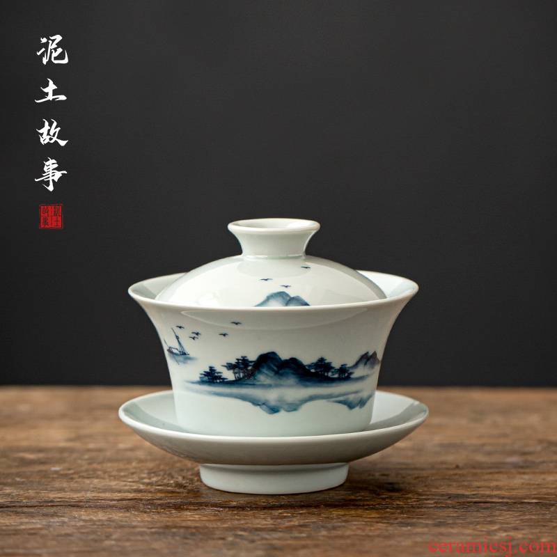 Jingdezhen archaize pure manual hand - made ancient porcelain clay tureen kung fu tea tea bowl cover cup three cups