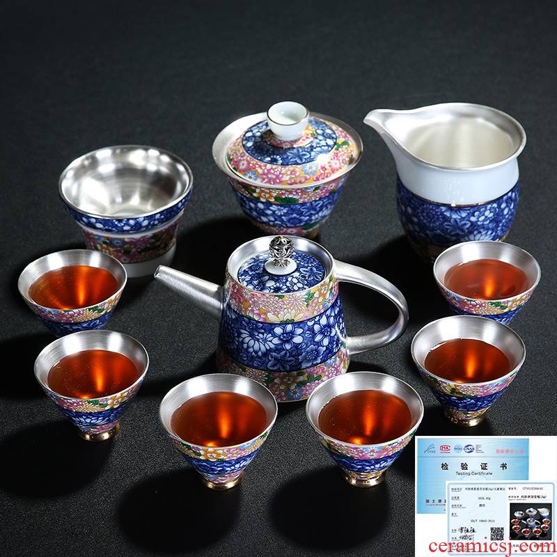 Blue and white porcelain tea set home tasted silver gilding kung fu tea sets suit household teapot teacup contracted gift box
