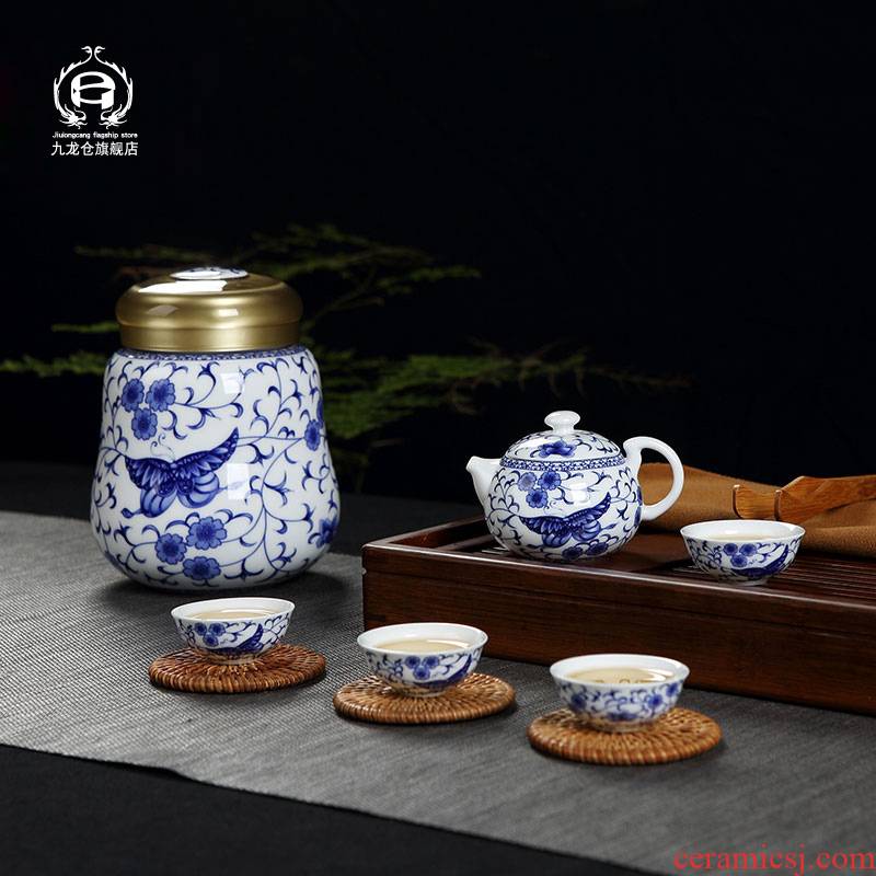 DH jingdezhen blue and white porcelain kung fu tea set a complete set of household ceramic teapot teacup tea pot set of porcelain