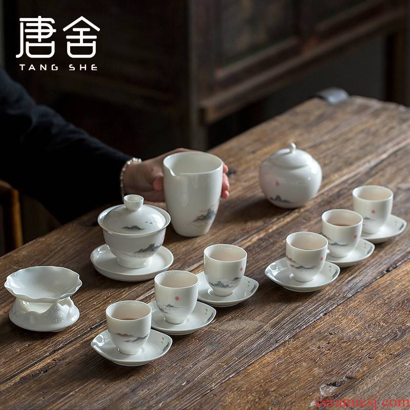 Shed thousands of jiangshan tang dehua white porcelain tea set contracted household kung fu tea tureen of pottery and porcelain cups gift box
