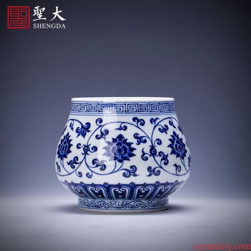 The big bucket hand - made ceramic slag fangming jingdezhen blue and white tie up branch lotus - water bearing all hand kung fu tea accessories