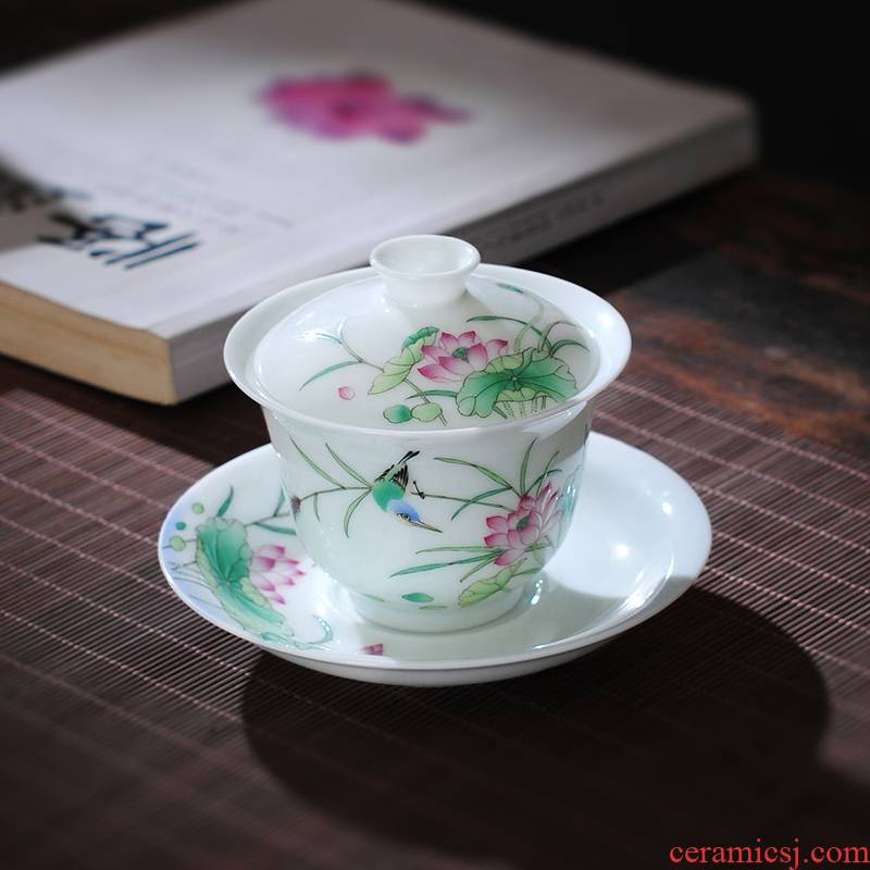 The Owl up jingdezhen tea tureen checking ceramic mud hand - made jade lotus color master kung fu tea bowl cups