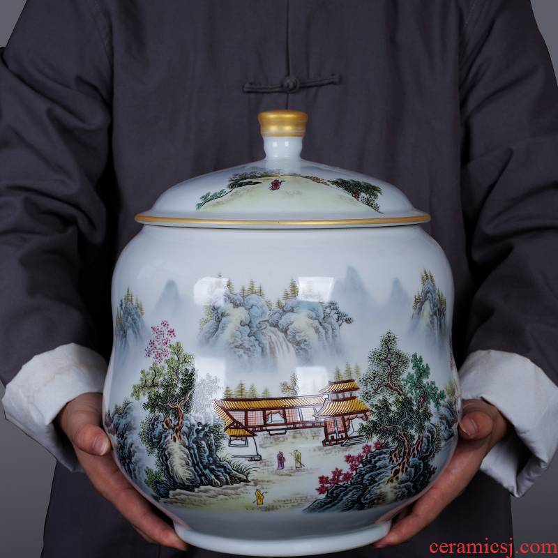 Jingdezhen ceramic new Chinese style pastel landscape caddy fixings furnishing articles home sitting room decorates the storage tank is large