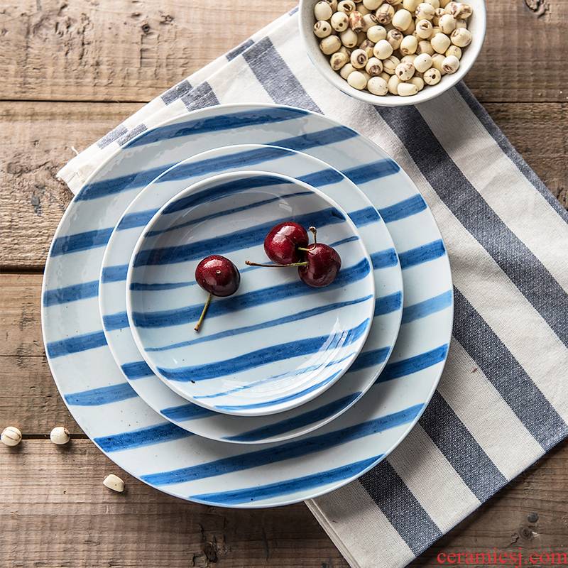 Lototo household ceramic flat dish dish dish beefsteak salad plate creative hand - made stripe plate breakfast tray