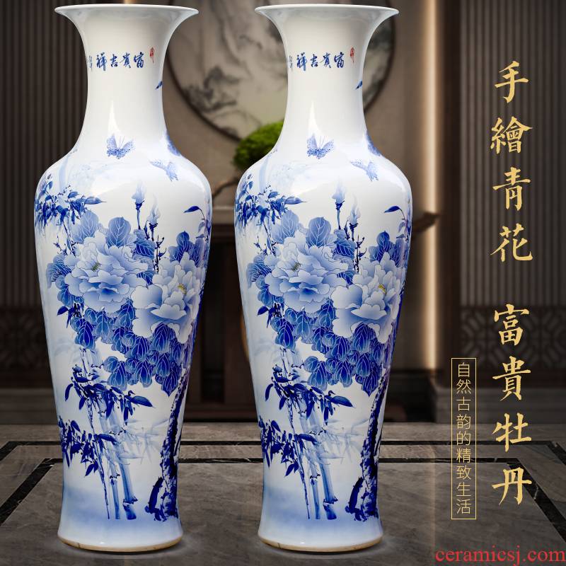 Hand - made riches and honour auspicious peony of large blue and white porcelain vase of jingdezhen ceramics sitting room adornment big furnishing articles