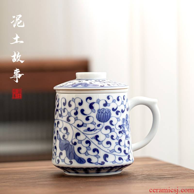 Jingdezhen blue and white porcelain cup with cover glass ceramic mugs domestic large capacity office personal cup