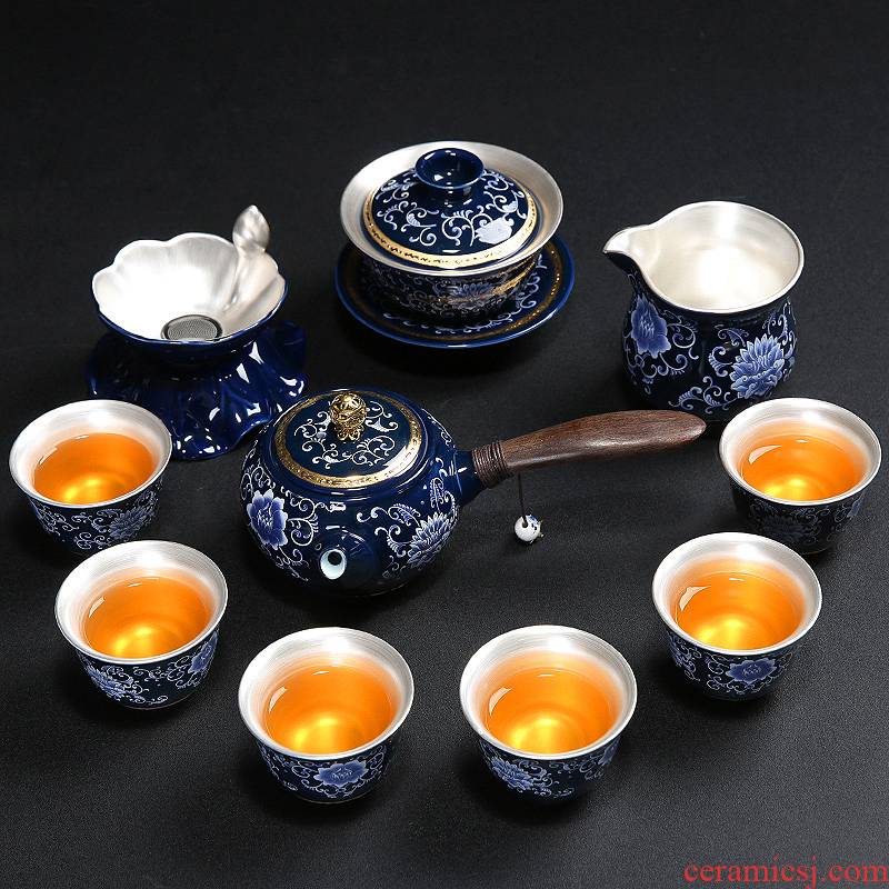 Tasted silver gilding of a complete set of blue and white porcelain teapot kung fu tea set household contracted manual modern tea ware ceramic teapot