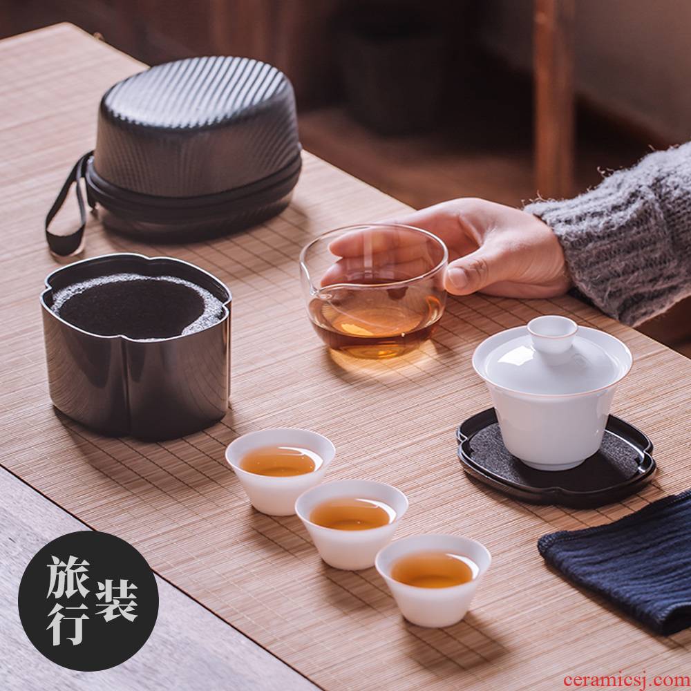 Kung fu tea set travel suit portable small set of mini portable sweet white porcelain jingdezhen ceramic crack cup