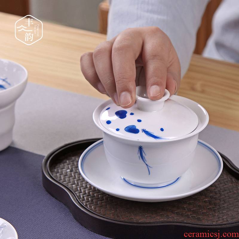 Blue and white tureen tea set them hand - made thin body manual three ceramic cups of household porcelain tea bowl is kung fu