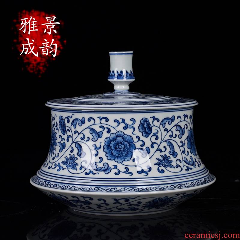The New Chinese blue and white porcelain of jingdezhen ceramics bound lotus flower storage tank of household decorations teahouse tea caddy fixings
