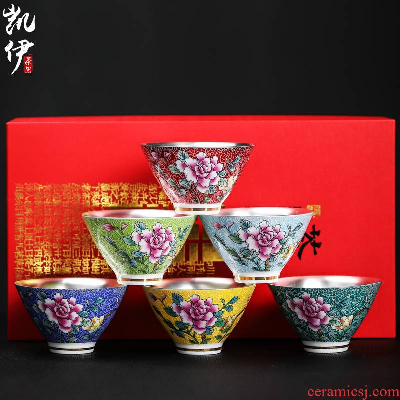 Pick flowers colored enamel coppering. As silver sample tea cup of jingdezhen ceramic silver cup silver cup kongfu master cup tea cup