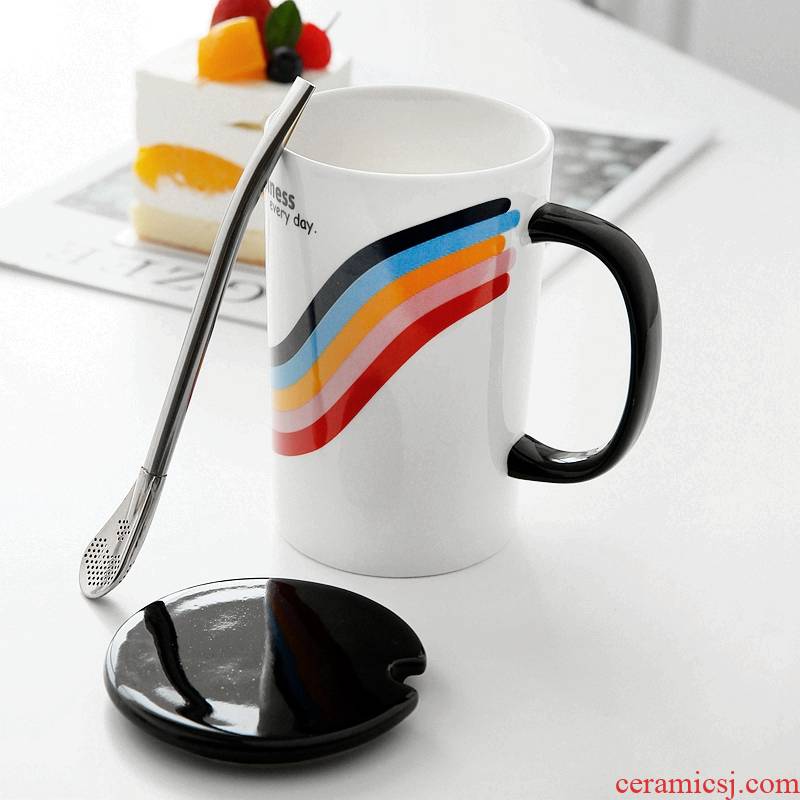 Creative ceramic cup ultimately responds cup home mark cup with cover spoon straw coffee cup cup men 's and women' s move trend