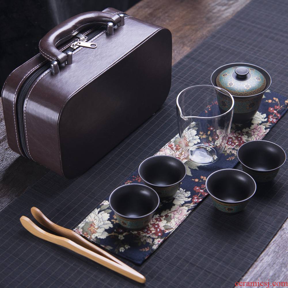 Black pottery travel tea set suit portable package kung fu tea set 4 Japanese contracted mini tea bags small set