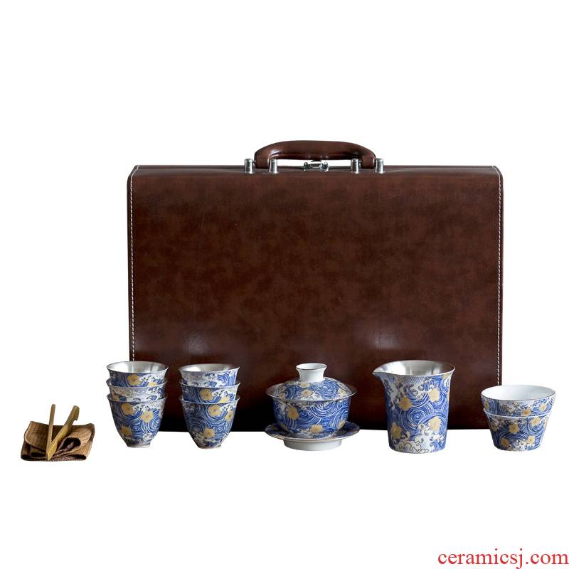 Really sheng household modern blue and white porcelain tea set suits for Chinese jingdezhen ceramics coppering. As silver teapot teacup gifts gift