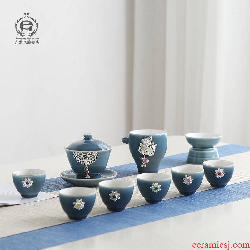 DH jingdezhen kung fu tea set of a complete set of small household ceramic teapot teacup tureen simple set of tea taking