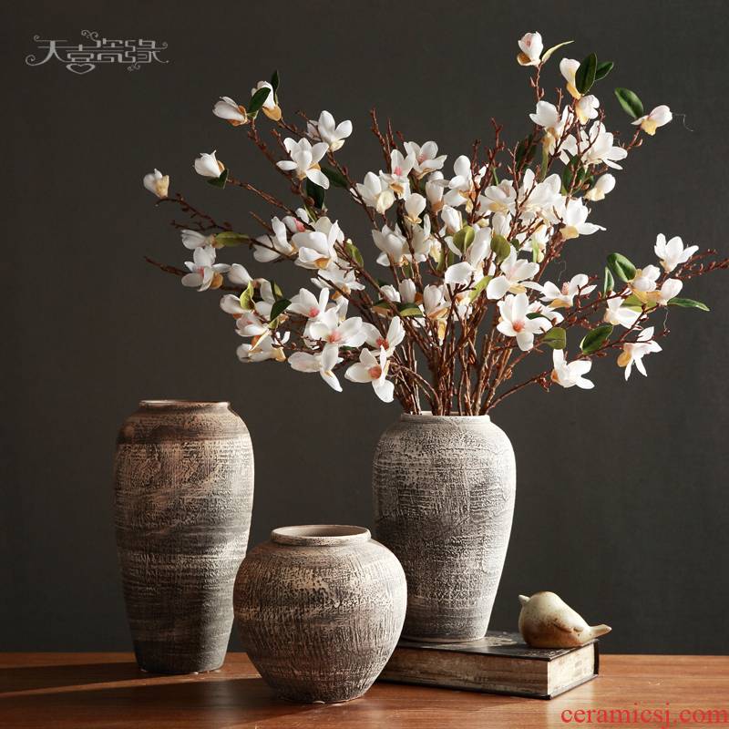 Restoring ancient ways of jingdezhen pottery coarse pottery flower arranging implement creative living room TV cabinet dry flower vase household adornment furnishing articles