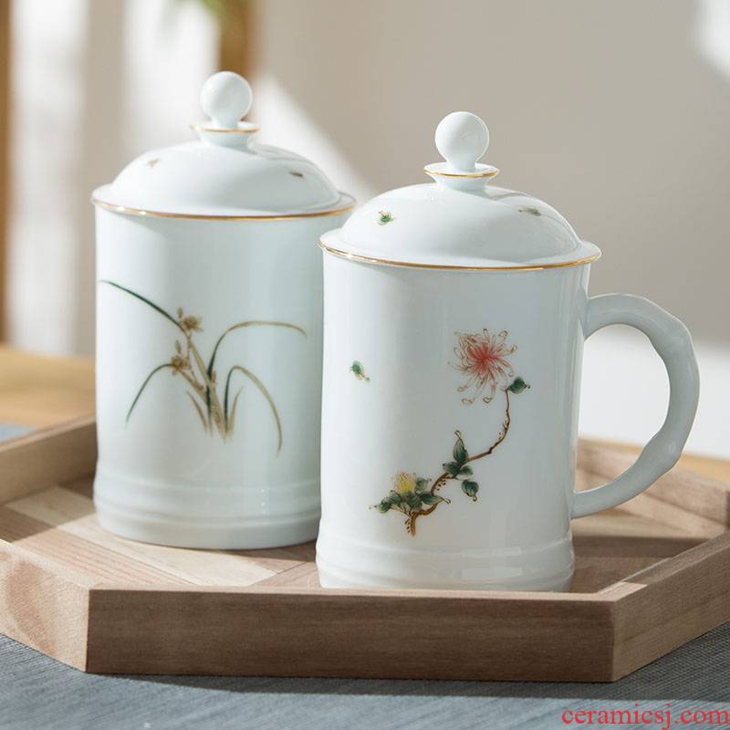 Jingdezhen ceramic cups large capacity with cover tea cup household green white porcelain teacup office cup mark cup
