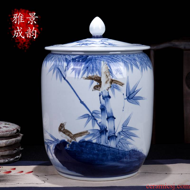The New Chinese blue and white porcelain of jingdezhen ceramics means safe bamboo caddy fixings household seal barrel storage tank