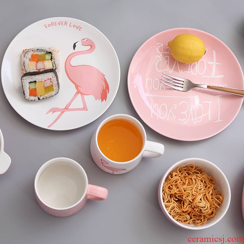 Creative steak ou pink flamingo ceramic tableware rice bowl dish sets fashion household utensils move