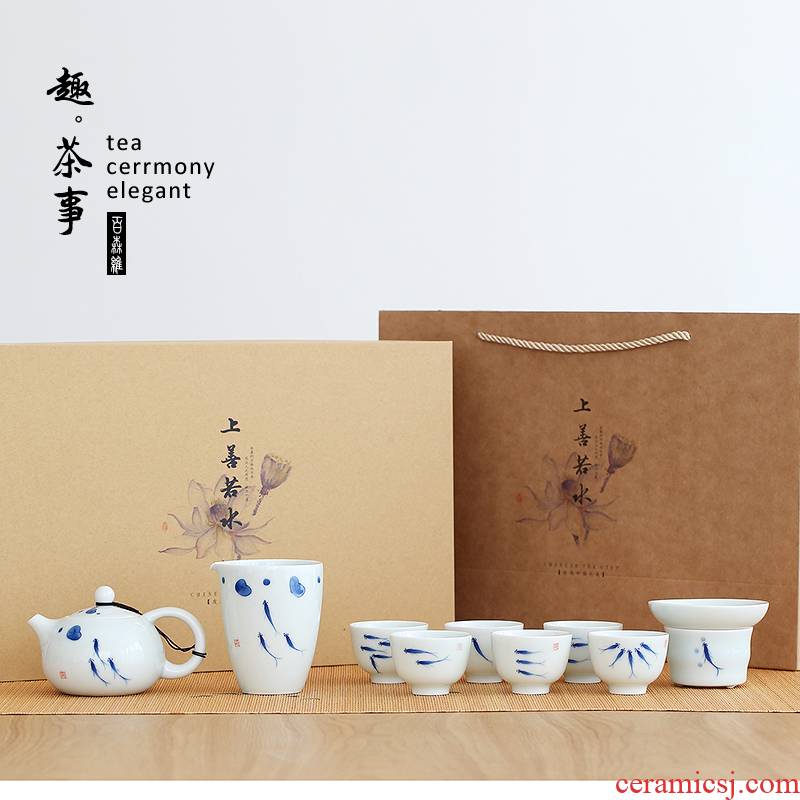 Kung fu tea set dehua white porcelain ceramic hand - made lotus contracted creative household teapot teacup of a complete set of gift box