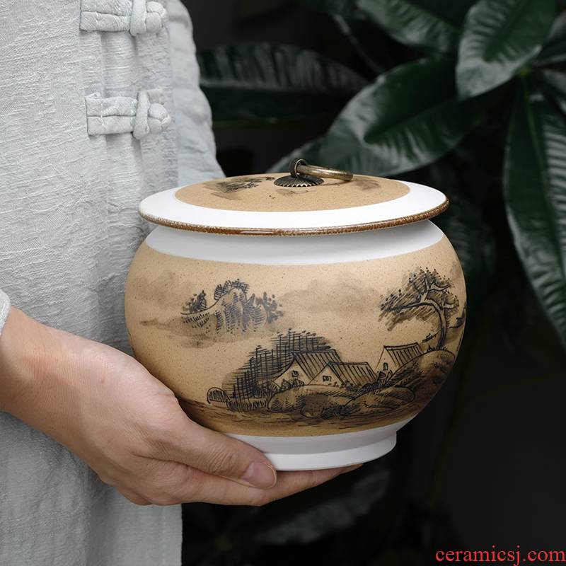 Manual painting POTS caddy fixings landscapes half jins to ceramic seal pot small pu 'er tea storage jar packaging