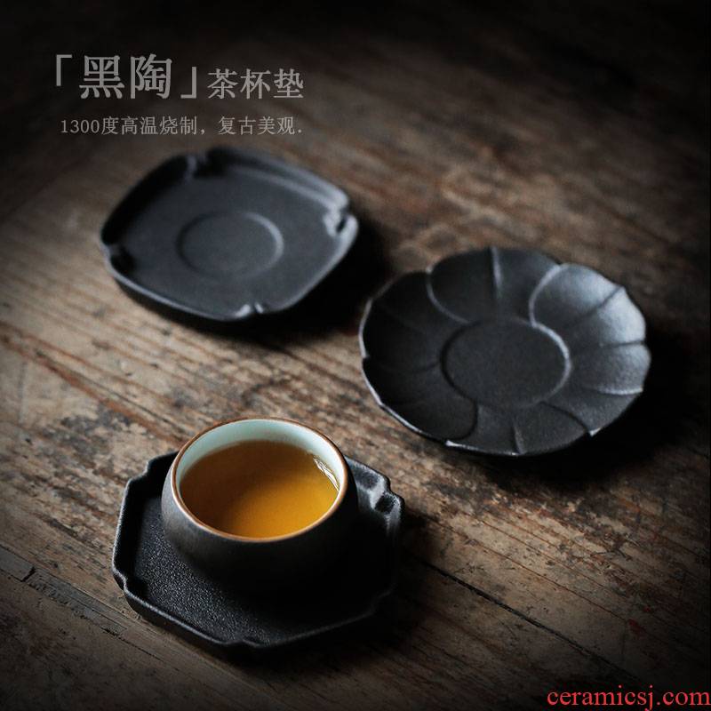 ShangYan, black pottery teacup pad glass heat insulation cup mat Japanese ceramic tea cup mat accessories saucer restoring ancient ways