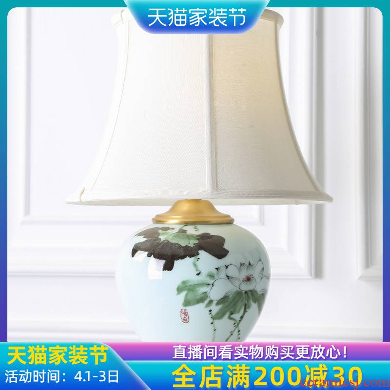 New Chinese style full copper ceramic desk lamp sitting room chandeliers creative zen hand - made decorative hotel bridal chamber of bedroom the head of a bed