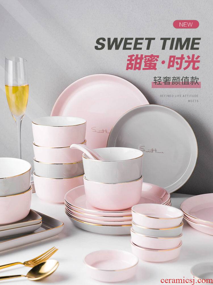 Dishes suit household Nordic breeze light key-2 luxury ceramic bowl chopsticks single.net red ins suit bowl dish exquisite tableware