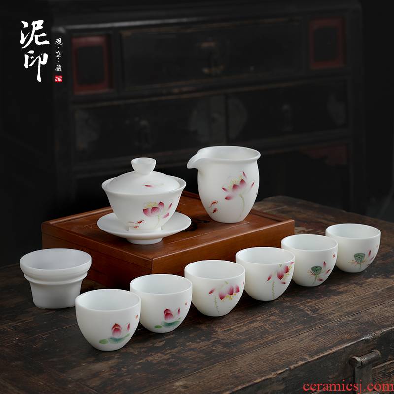 The Lotus mud seal kung fu tea set suit household contracted hand - made ceramic cups dehua white porcelain Chinese white gift boxes