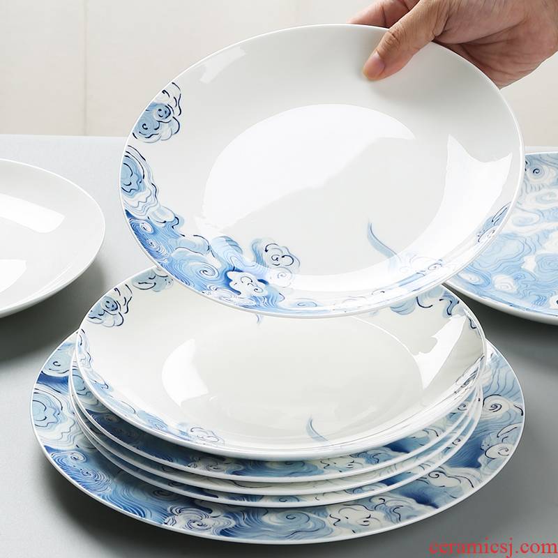 Chinese hand - made ceramic plate of blue and white porcelain dish dish household creative ipads China dinner plate tableware moire suits for combination