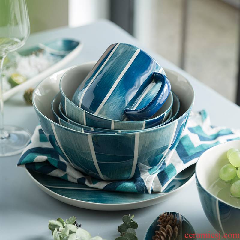Creative blue plate ceramic dishes home soup bowl dish irregular salad dish western food steak