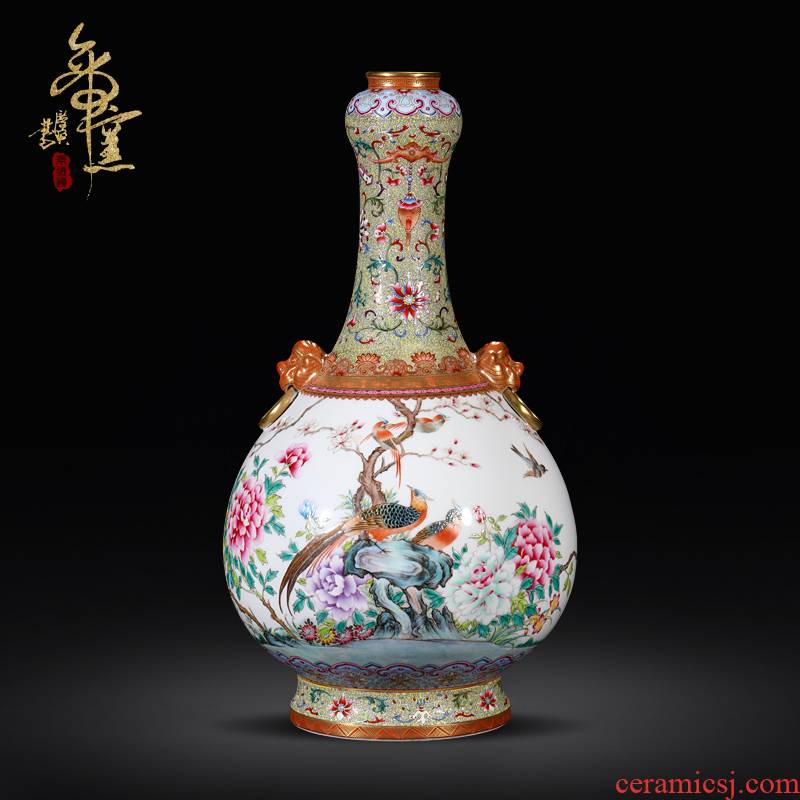 Imitation the qing qianlong emperor up jingdezhen ceramics powder enamel lion ear vase furnishing articles Chinese flower arranging machine sitting room