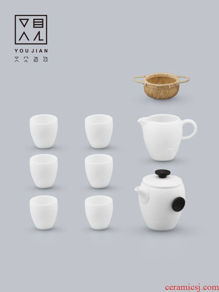 And creation of dehua white porcelain kung fu tea sets suit household contracted teapot teacup tea tea set