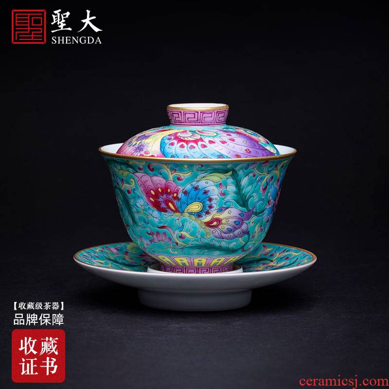 Holy big three to tureen hand - made ceramic colored enamel hoard of green flower butterfly tea bowl full manual of jingdezhen tea service