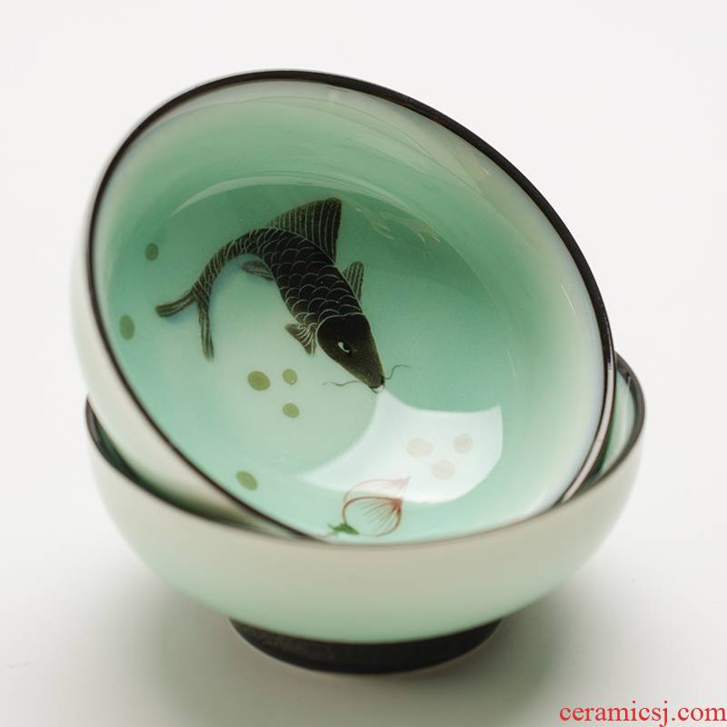 Longquan celadon lotus hand - made fish single glass ceramic tea cup, master cup personal tea kungfu tea bowl