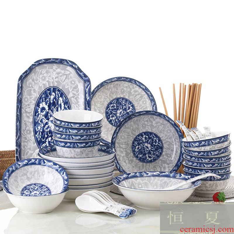 Ten people with dishes suit made in jingdezhen blue and white porcelain plate of noodles bowl of soup bowl combine microwave tableware
