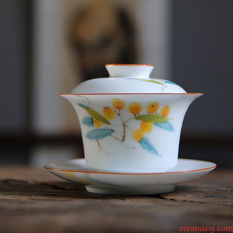 Jingdezhen porcelain thin body under the glaze color hand - made loquat ceramic tureen household hot three large tea bowl to bowl
