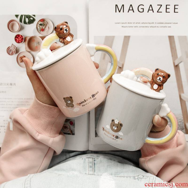 Creative hand - made express teddy bear cartoon ceramic keller cup girl heart cup with cover glass breakfast milk cup