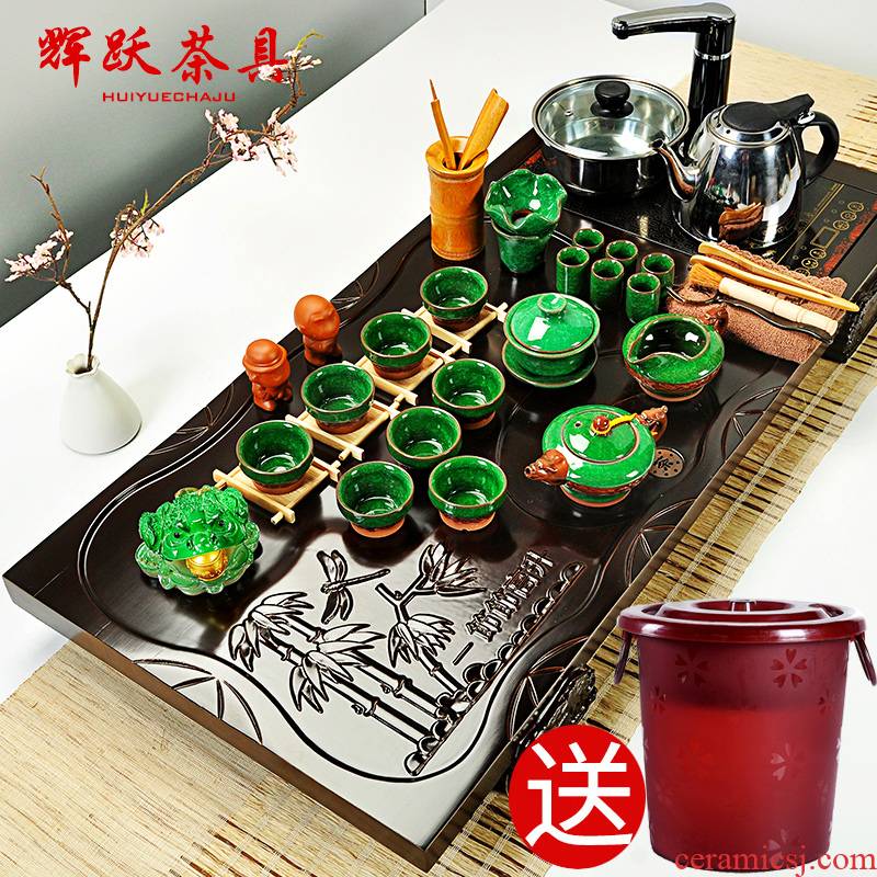 Hui, make tea set violet arenaceous kung fu tea ice to crack your up solid wood tea tray of a complete set of four unity induction cooker tea table