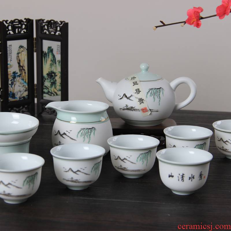 Under the glaze color tea set seven office sitting room tea teapot teacup tureen tea ware pottery and porcelain of a complete set of kung fu tea set