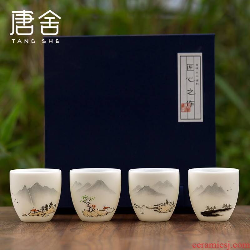 Tang s hand - made suet jade white porcelain ceramic kung fu tea cups landscape master cup household utensils customize sample tea cup